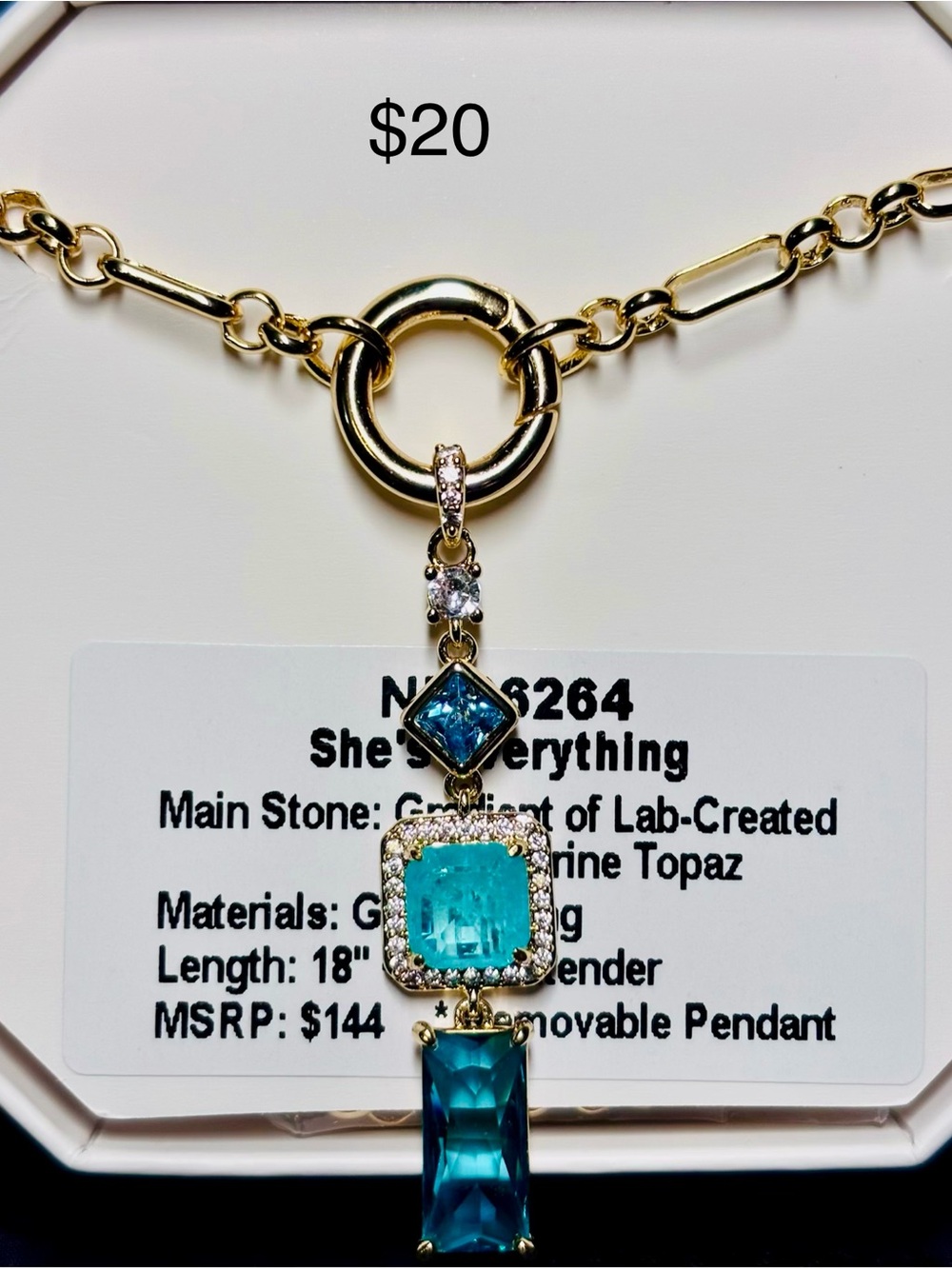 Gold Chain Necklace with Aqua Blue Lab-Created Topaz Pendant